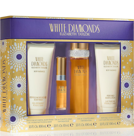 Elizabeth Taylor White Diamonds 4-Piece Set for Women, (3.3 Oz Eau De Toilette Spray+ 0.33 Oz Eau De Toilette + 3.3 Oz Body Lotion + 3.3 Oz Body Wash)