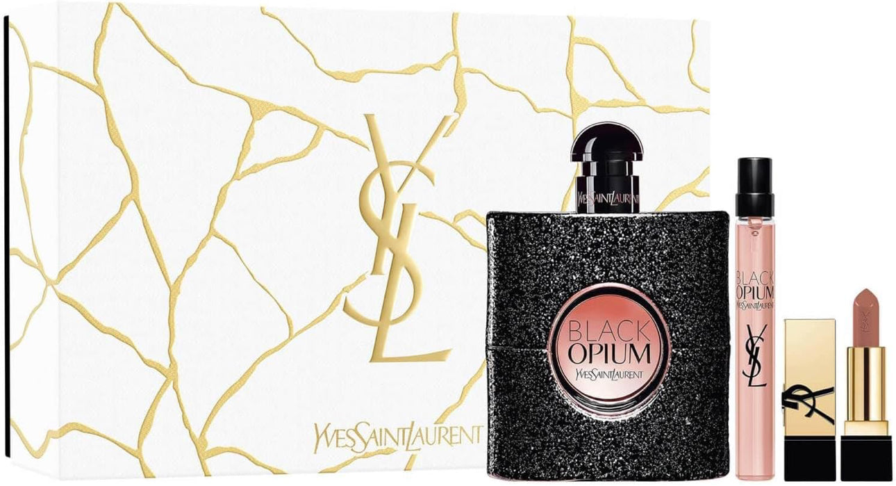 YVES SAINT LAURENT Black Opium Gift Set (Eau de Parfum 3 Fl. Oz + Eau de Parfum 0.33 Fl.Oz + Mini Pur Couture Lipstick in shade Nu Muse)